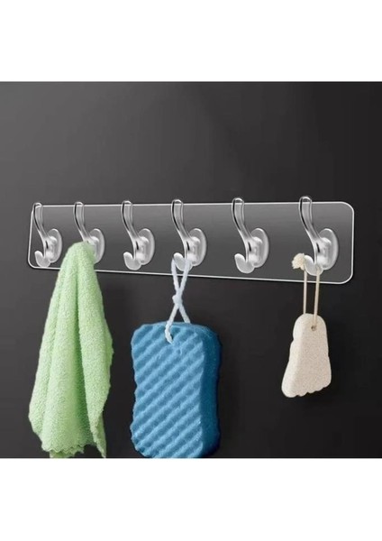 6'lı Kendinden Yapışkanlı Güçlü Şeffaf Askılık Kapı Arkası Mutfak Duvar Banyo Askı