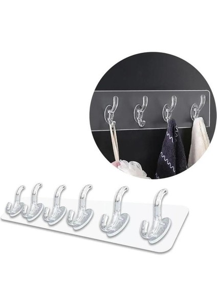 6'lı Kendinden Yapışkanlı Güçlü Şeffaf Askılık Kapı Arkası Mutfak Duvar Banyo Askı