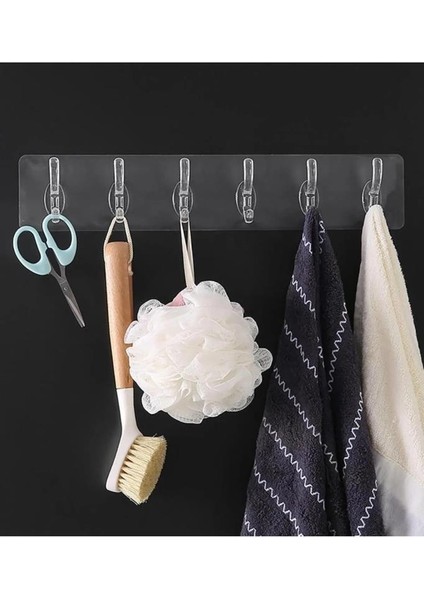 6'lı Kendinden Yapışkanlı Güçlü Şeffaf Askılık Kapı Arkası Mutfak Duvar Banyo Askı