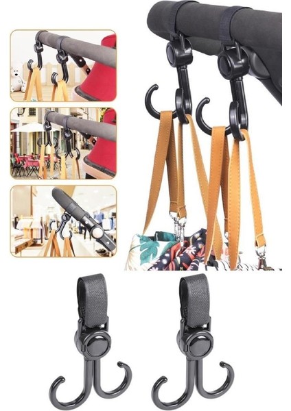 2 Adet 2 Kancalı Bisiklet ve Bebek Arabası Cırtlı Askı Döner Başlıklı Poşet Çanta Askısı