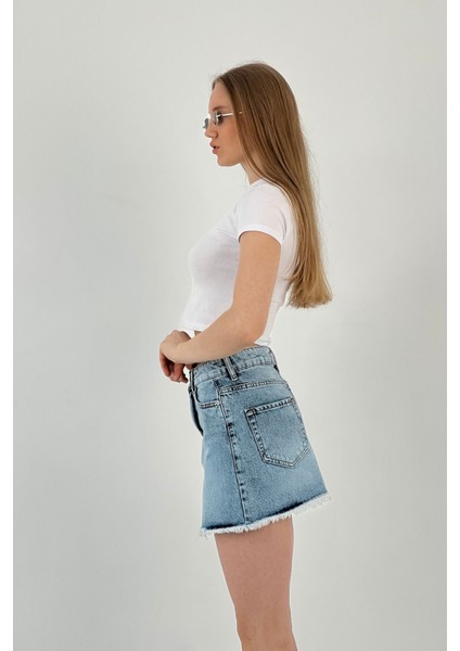 Kadın Çiçek Taşlı Kısa Yazlık Mini B.mavi Kot Etek