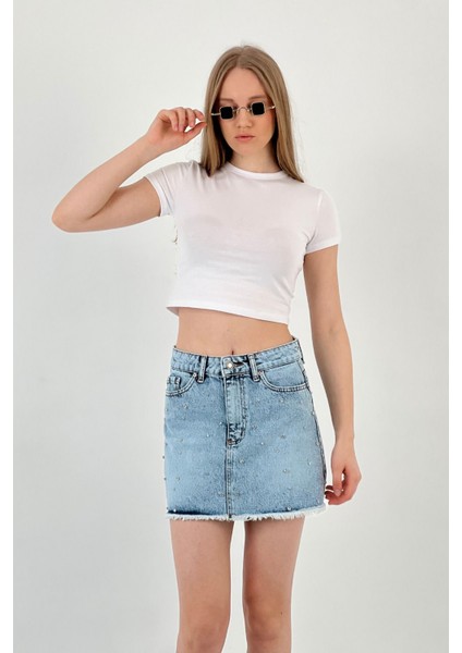 Kadın Taşlı Jeans Kısa Yazlık Mini B.mavi Kot Etek