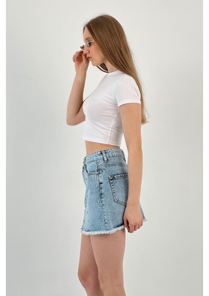 Kadın Taşlı Jeans Kısa Yazlık Mini B.mavi Kot Etek