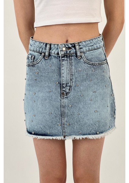 Kadın Taşlı Jeans Kısa Yazlık Mini B.mavi Kot Etek