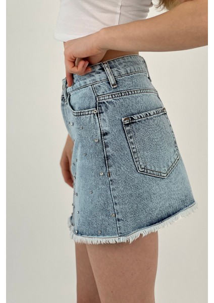 Kadın Taşlı Jeans Kısa Yazlık Mini B.mavi Kot Etek