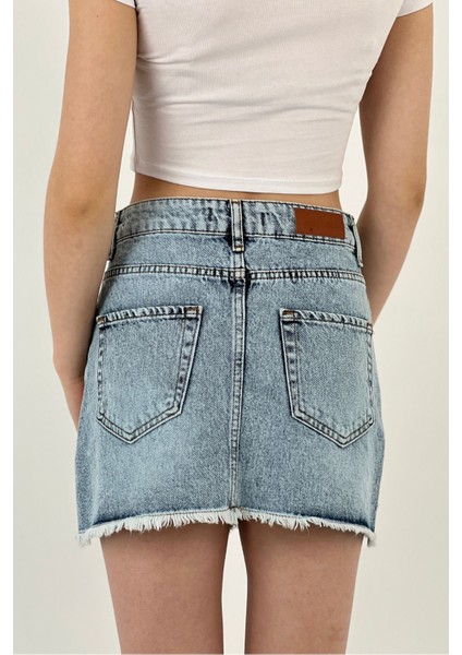 Kadın Taşlı Jeans Kısa Yazlık Mini B.mavi Kot Etek