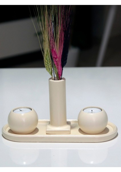 Tabaklı Mini Vazolu Mumluk Set Krem TYC00626188163