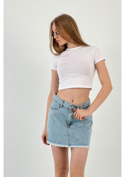 Kadın Desenli Denim Kısa Yazlık Mini B.mavi Kot Etek