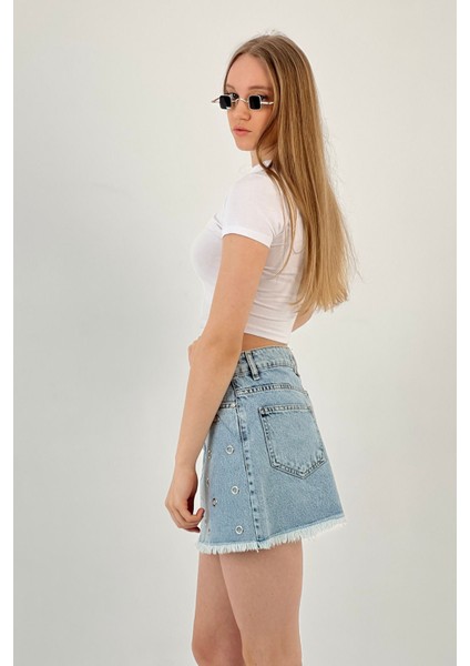 Kadın Desenli Denim Kısa Yazlık Mini B.mavi Kot Etek