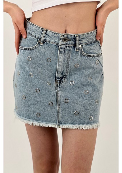 Kadın Desenli Denim Kısa Yazlık Mini B.mavi Kot Etek