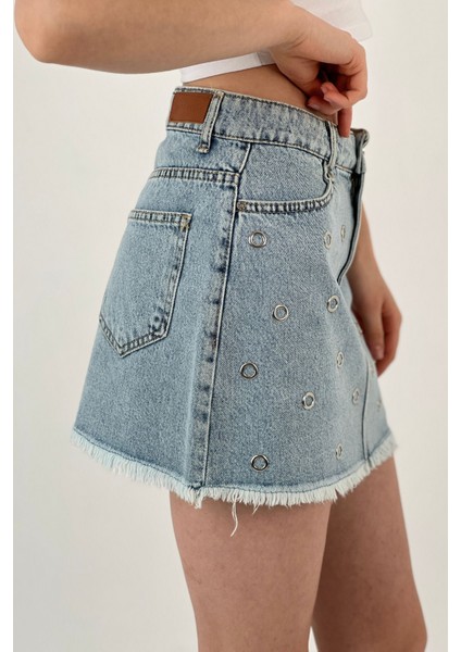 Kadın Desenli Denim Kısa Yazlık Mini B.mavi Kot Etek
