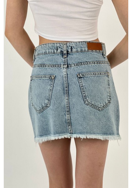 Kadın Desenli Denim Kısa Yazlık Mini B.mavi Kot Etek