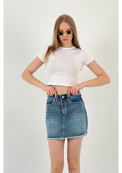 Kadın Yazlık Taşlı Denim Kısa Mini Mavi Kot Etek
