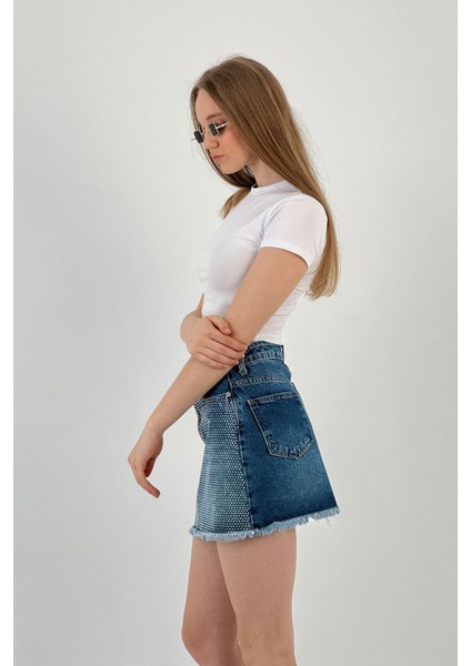 Kadın Yazlık Taşlı Denim Kısa Mini Mavi Kot Etek fiyatları