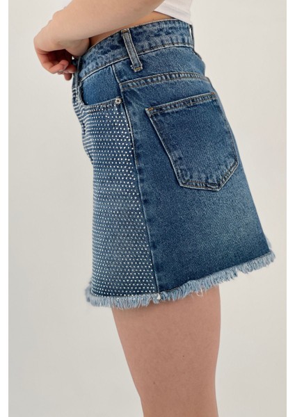Kadın Yazlık Taşlı Denim Kısa Mini Mavi Kot Etek fırsatları