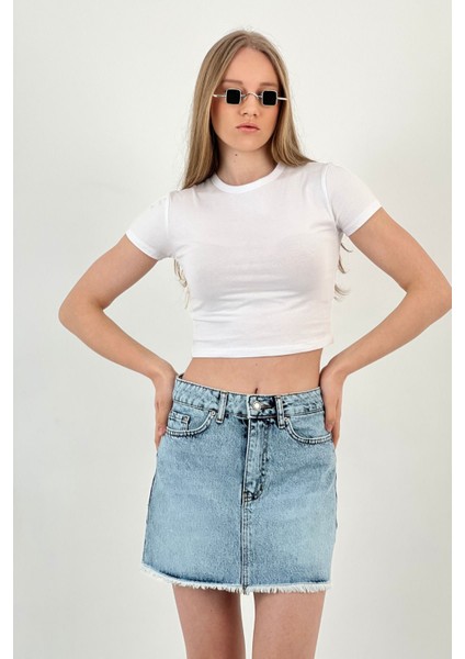 Kadın Yazlık Kısa Denim Mini Buz Mavi Kot Etek