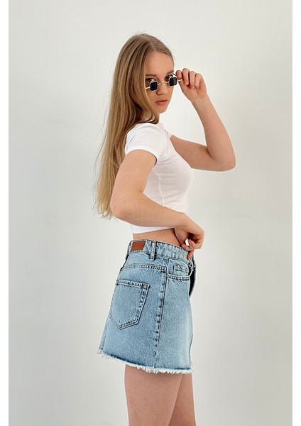 Kadın Yazlık Kısa Denim Mini Buz Mavi Kot Etek
