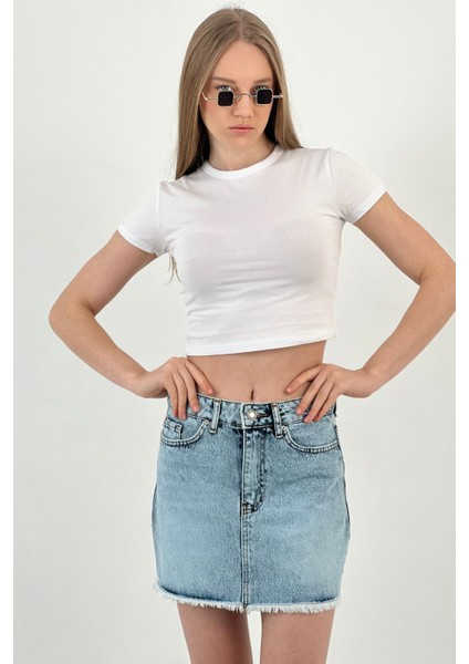 Kadın Yazlık Kısa Denim Mini Buz Mavi Kot Etek