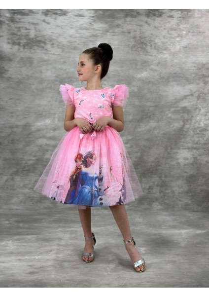 Pembe Kız Çocuk Elsa Elbise Doğum Günü Parti Elbisesi AB28033