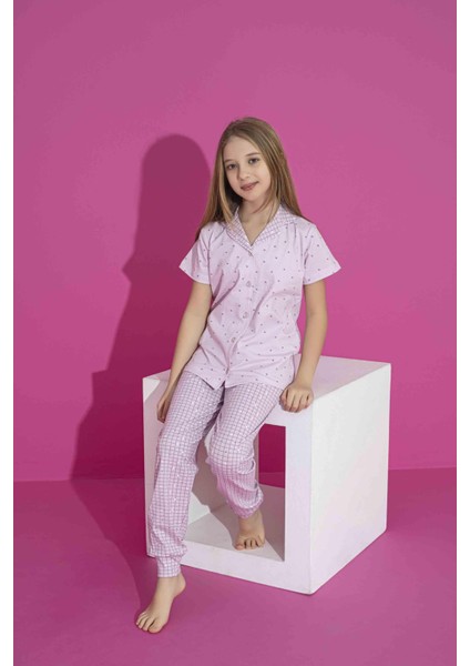 Kız Çocuk Yazlık Likralı (Anne Kız Kombini Yapabilirsiniz) Penye Düğmeli Pijama Takımı 3031 fırsatları