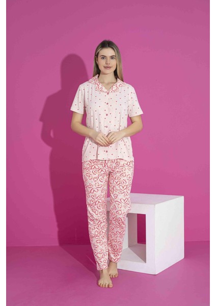 Kadın Likralı Penye(Anne Kız Kombini Yapabilirsiniz) Düğmeli Yazlık Pijama Takımı 3028