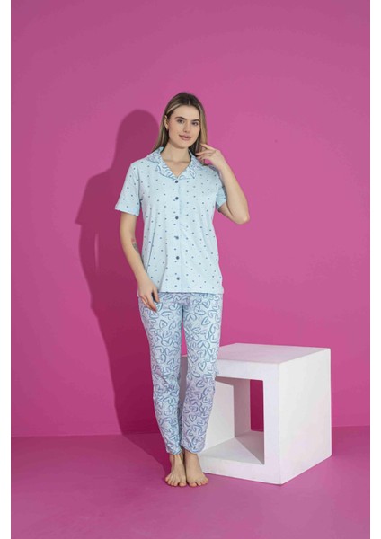 Kadın Likralı Penye(Anne Kız Kombini Yapabilirsiniz) Düğmeli Yazlık Pijama Takımı 3028 indirimleri