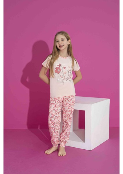 Kız Çocuk Yazlık Likralı (Anne Kız Kombini Yapabilirsiniz) Penye Düğmeli Pijama Takımı 3035