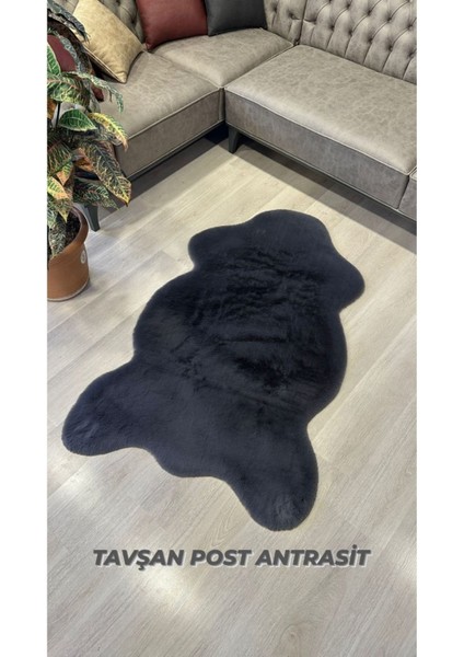 Tavşan Tüyü Antrasit Yumuşak Makinada Yıkanabilir Kaymaz ve Toplanmaz Süet Taban Post Halı