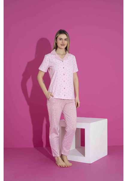 Kadın Likralı Penye(Anne Kız Kombini Yapabilirsiniz) Düğmeli Yazlık Pijama Takımı 3032