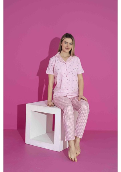 Kadın Likralı Penye(Anne Kız Kombini Yapabilirsiniz) Düğmeli Yazlık Pijama Takımı 3032