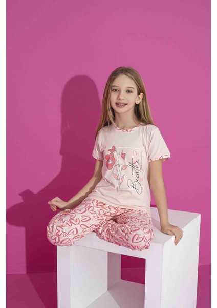 Kız Çocuk Yazlık Likralı (Anne Kız Kombini Yapabilirsiniz) Penye Düğmeli Pijama Takımı 3035