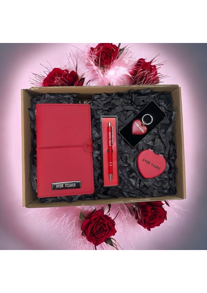 🎁 Kişiye Özel 3 İçli Tasarım Defter & Kutulu Tükenmez Kalem & Anahtarlık & Ayna Hediye Set 🎁