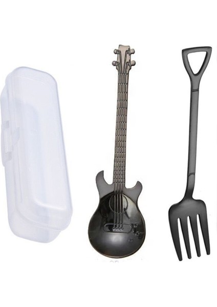Siyah Renk Gitar Tasarımlı Paslanmaz Çelik Kaşık ve Paslanmaz Çelik Çatal + Saklama Kutusu