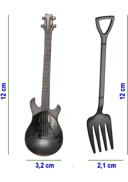 Siyah Renk Gitar Tasarımlı Paslanmaz Çelik Kaşık ve Paslanmaz Çelik Çatal + Saklama Kutusu