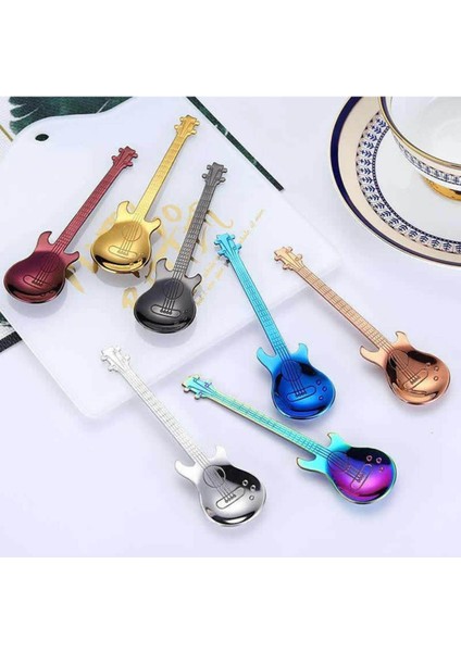 Siyah Renk Gitar Tasarımlı Paslanmaz Çelik Kaşık ve Paslanmaz Çelik Çatal + Saklama Kutusu
