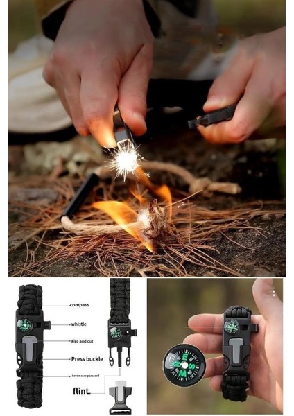 Survival Pusulalı Hayatta Kalma Bilekliği Kamp Bileklik Düdük Çok Amaçlı Outdoor Aksesuar Kit Askeri modelleri