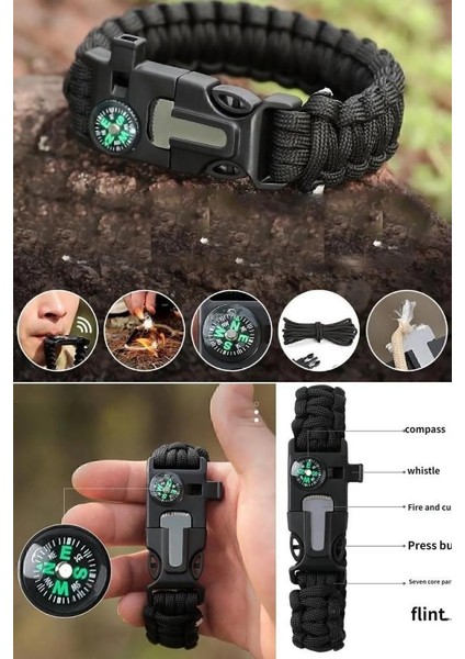 Survival Pusulalı Hayatta Kalma Bilekliği Kamp Bileklik Düdük Çok Amaçlı Outdoor Aksesuar Kit Askeri indirimleri