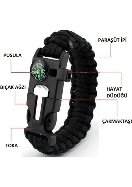 Survival Pusulalı Hayatta Kalma Bilekliği Kamp Bileklik Düdük Çok Amaçlı Outdoor Aksesuar Kit Askeri