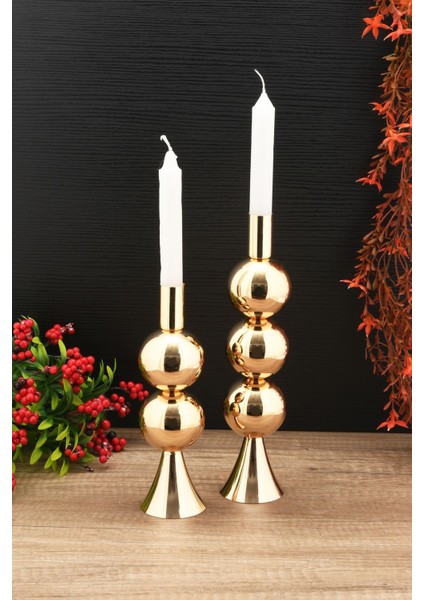 Elit 2'li Şamdan Seti Gold Renk Dekoratif Metal Mumluk