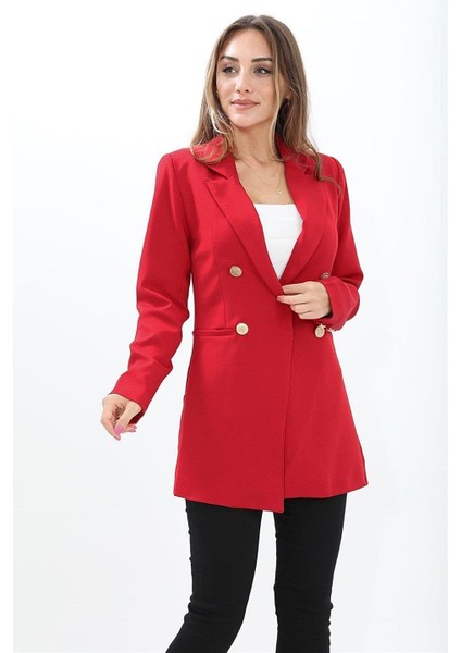 Omuzları Vatkalı Önü Çıtçıtlı Atlas Kumaş Kadın Blazer Ceket