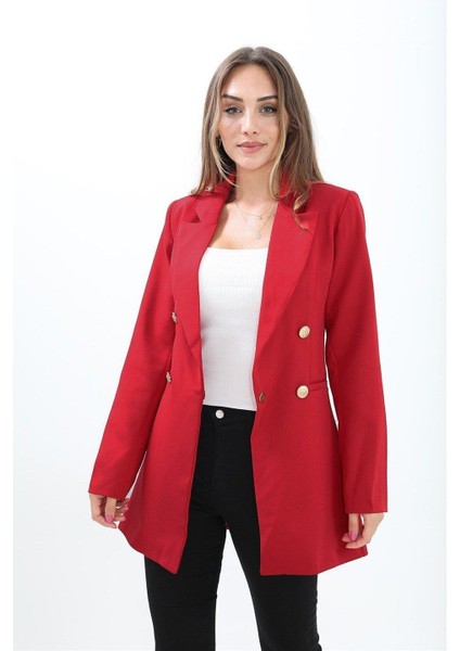 Omuzları Vatkalı Önü Çıtçıtlı Atlas Kumaş Kadın Blazer Ceket