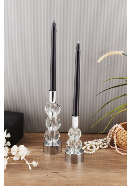 Horizon 2'li Şamdan Seti Gümüş Renk Şeffaf Kristal Görünümlü Dekoratif Metal Mumluk fiyatları