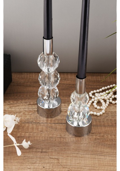 Horizon 2'li Şamdan Seti Gümüş Renk Şeffaf Kristal Görünümlü Dekoratif Metal Mumluk modelleri