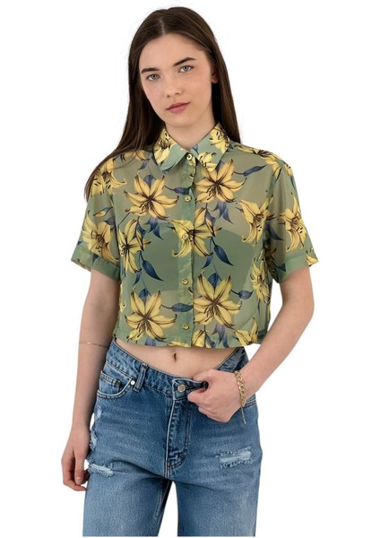 Kadın Kısa Transparan Desenli Haki Crop Gömlek