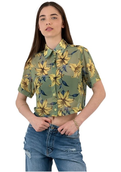 Kadın Kısa Transparan Desenli Haki Crop Gömlek