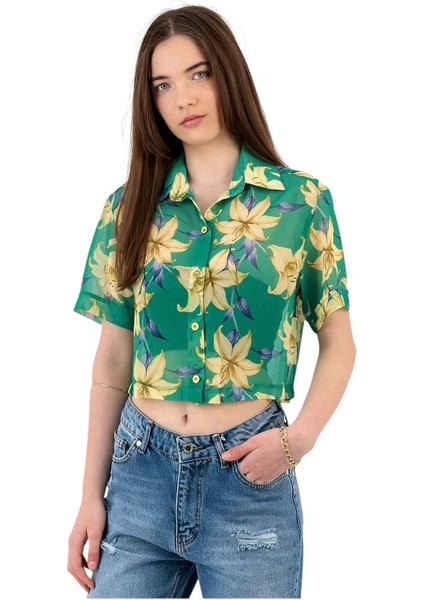 Kadın Kısa Transparan Desenli Yeşil Crop Gömlek