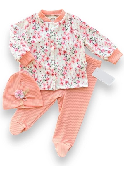 3-6-9-12 Ay Çiçek Baskılı Şapkalı Çıtçıt Kapamalı Patikli 3lü Kız Bebek Takımı