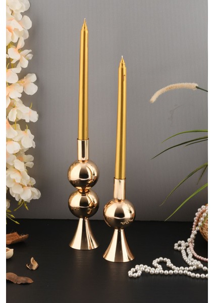 Elit 2'li Şamdan Seti Orta-Küçük Gold Renk Dekoratif Metal Mumluk