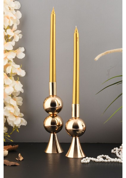 Elit 2'li Şamdan Seti Orta-Küçük Gold Renk Dekoratif Metal Mumluk fiyatları