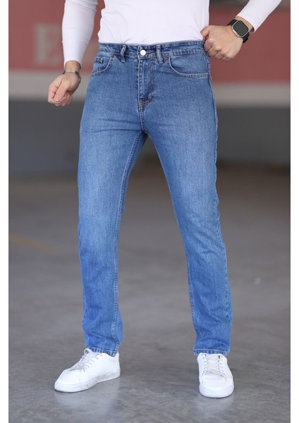 Erkek Regular Fit Kalıp Mavi Kot Normal Bel Likralı Kalın Kumaş